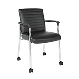 Guest Chair with Casters in Black Faux Leather with Chrome Frame